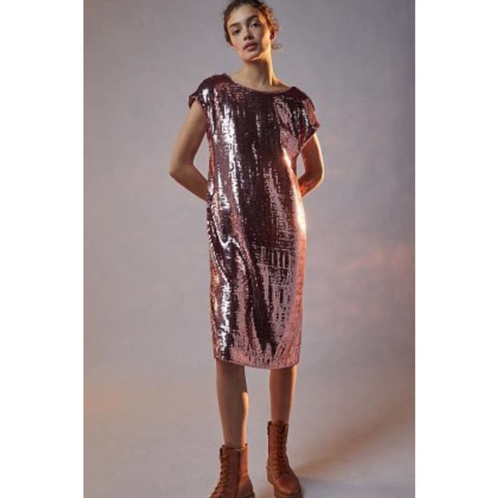 MAEVE anthropologie kara pink sequin short sleeve shift dress S